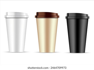 Paper coffee cup template. Brown espresso mug for hot drink. Infographic identity collection. Large craft tea cup with plastic lid, recycling package. Fast food coffee shop disposable container