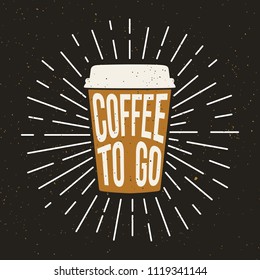 Paper Coffee Cup with text and grunge effect. Coffee to go. Vector template.