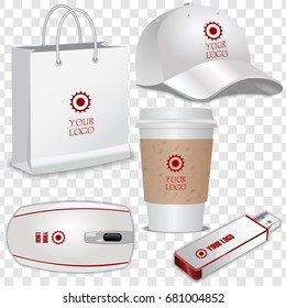 Paper Coffee Cup, USB flash drive, Computer mouse, Baseball Cap and Shopping Bag with place for your logotype, text or corporate identity details . Blank mock up with shadow isolated on 