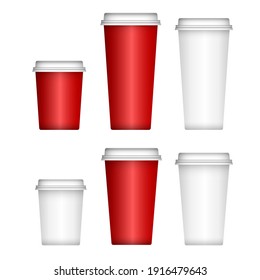 Paper Coffee Cup, White Plastic Lid. Isolated Disposable Cup Mockup Blank. Takeway Cardboard Mug 3d Vector Template. Eco Food Container Design, Take Away Tea Drink Craft Design. Travel Takeout