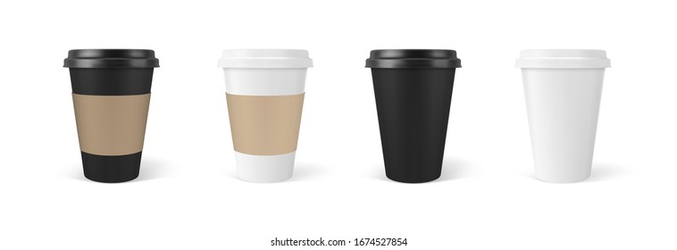 Paper coffee cups 3d realistic set. Coffee cup mockup template isolated on white background. Vector illustration.