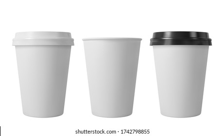 Paper coffee cups with black and white lids. Open and closed middle paper cup. Realistic vector mockup