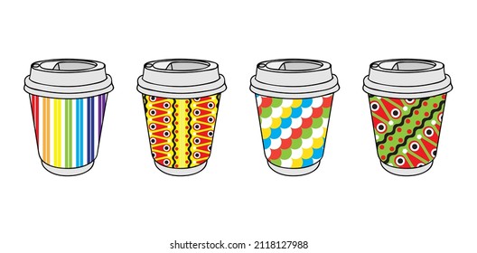 Paper coffee cups with bright festive patterns. Cups for drinks at children's events, fairs, birthdays, parties, matinees, children's cafes or eateries. Coffee to go. Hot drinks take away concept