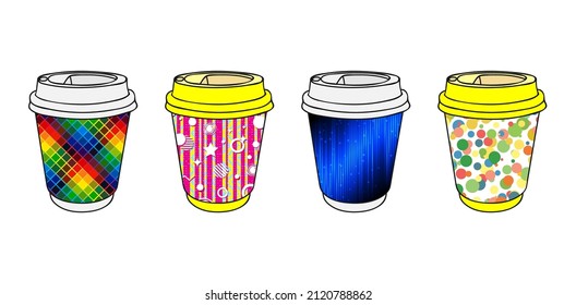 Paper coffee cups with bright festive patterns. Cups for drinks at children's events, fairs, birthdays, parties, matinees, children's cafes or eateries. Coffee to go. Hot drinks take away concept