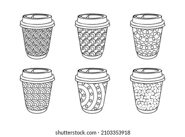 Colección de tazas de café de papel con un estilo retro clásico en blanco y negro. Plantilla de gráficos de café para ir. Las bebidas calientes se llevan el concepto. Presta atención al diseño de la cafetería
