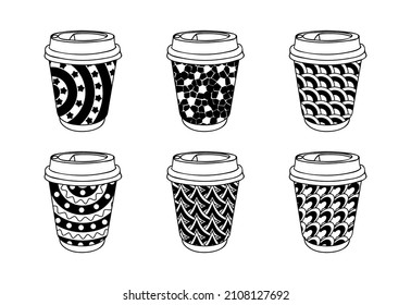 Paper coffee cups collection decorated in classic retro style in black and white. Coffee to go graphics template. Hot drinks take away concept. Draw attention to design in your coffee house