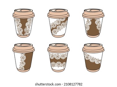 Paper coffee cups collection decorated openwork pattern. Take away coffee cups. Coffee to go graphics template. Hot drinks take away concept. Draw attention to design in your coffee house