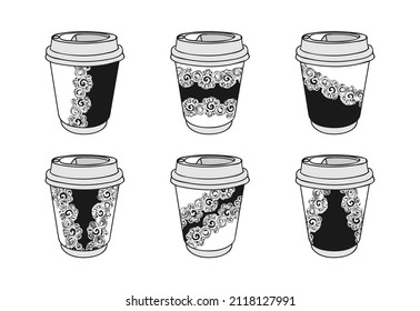 Colección de tazas de café de papel decorada con un patrón de apertura. Quita tazas de café. Plantilla de gráficos de café para ir. Las bebidas calientes se llevan el concepto. Presta atención al diseño de la cafetería