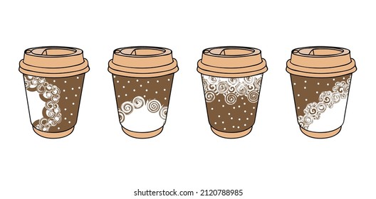 Paper coffee cups collection decorated openwork pattern. Take away coffee cups. Coffee to go graphics template. Hot drinks take away concept. Draw attention to design in your coffee house