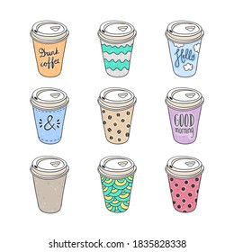 Paper coffee cups collection. Vector coffee to go illustration set. Doodle coffee cups