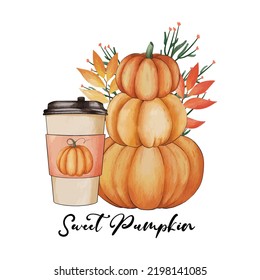 Paper coffee cups decorated with autumn pumpkins. Sweet Pumpkin Fall. Watercolor Vector illustration. Seasonal fall flat design. For poster, print, menu design, greeting card, invitations, banners