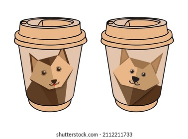 Paper coffee cups decorated with origami dogs pattern. Cups for drinks at events, dog shows, for dog lovers, and animal cafe. Coffee to go. Hot drinks take away concept. Design in your coffee house