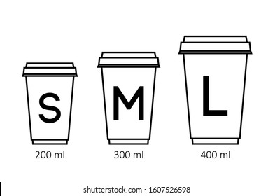 Paper coffee cups different size black silhouettes. Vector illustration