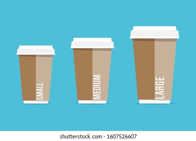 Paper coffee cups different size in flat style. Vector illustration