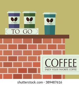Paper coffee cups in a to go box. Coffee shop brick bar vector.