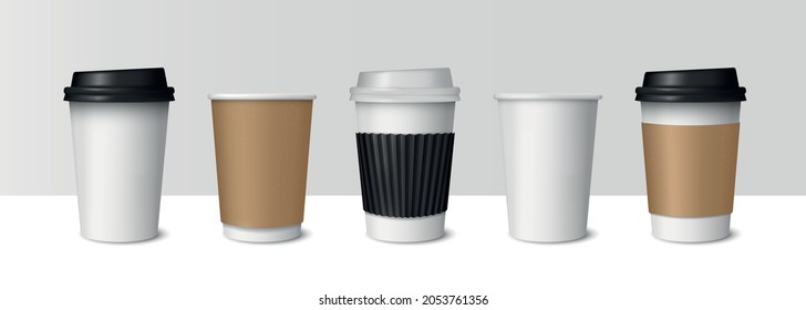 Paper coffee cups isolated on light background. Coffee paper mug, cup mockups. Coffee cup for takeaway. Vector illustration