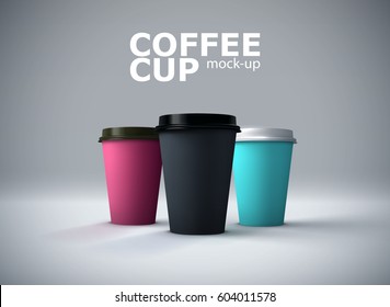 Paper coffee cups mock-up. Vector realistic 3d illustration. Beverage package mockup design for branding