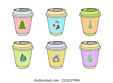 Paper coffee cups with New Year, Christmas pattern for festive events. Coffee to go. Hot drinks take away concept. Special offers of tea, fruit drink, mulled wine, punch in holiday cups at fair