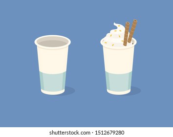 Paper Coffee Cups on blue background. Empty and full. Flat vector illustration.