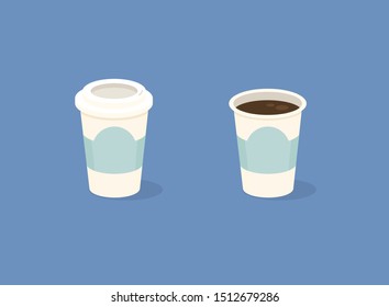 Paper Coffee Cups on blue background. Empty and full. Flat vector illustration.