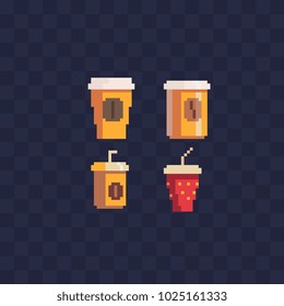 Paper coffee cups pixel art icons isolated  vector illustration. Plastic coffee cup with hot coffee in flat style. Coffee cup beans. Element design stickers, logo, mobile app, menu.