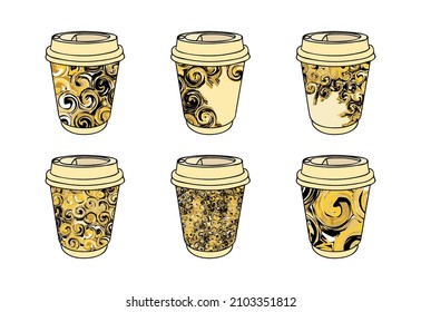 Paper coffee cups set decorated abstract swirling patterns in golden, beige and black colors. Take away coffee cups. Coffee to go graphics template. Draw attention to design in your coffee house