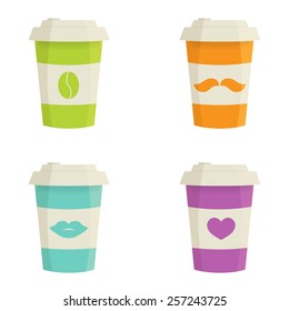 Cupas de café de papel puestas sobre un fondo blanco.  Ilustración vectorial en colores planos