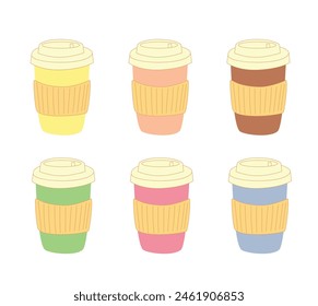 Paper Coffee Cups set vector illustration in a cartoon style in mordern colors.