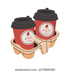 Paper coffee cups. Coffee shop take out hot coffee cups, invigorating morning beverages in disposable packaging flat vector illustration. Hot coffee cups