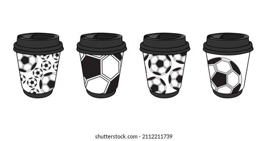 Paper coffee cups with soccer ball pattern. Cups for drinks at football matches, sports competitions, holidays in honor of victory football team. Hot drinks take away concept in sports bars