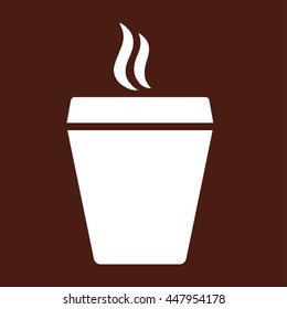 paper coffee glass with steam white icon on brown background