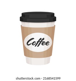 Paper Coffee to go cup cartoon illustration with coffee sign. White takeaway coffee cup with brown sleeve and black cap. Isolated cartoon illustration on white background. Latte, cappuccino, americano