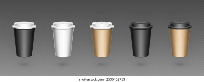 Paper coffee to go cup with plastic cap and shadow on transparent background. Realistic 3d vector illustration set of white, black and brown takeaway mug mockup for hot drink. Disposable container.