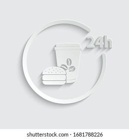 Paper coffee icon/ fast food icon. Icon 24 Hour black vector coffee and food icon sign 