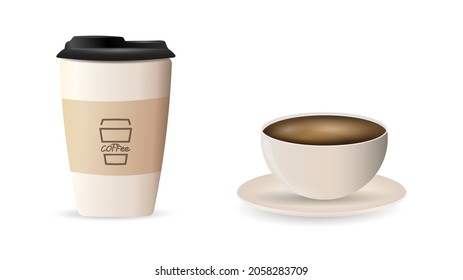 Paper coffee mugs and ceramic coffee mugs isolated on white background  ,Vector illustration EPS 10