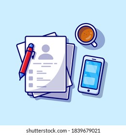 Paper With Coffee, Phone, And Pen Cartoon Vector Icon Illustration. Business Object Icon Concept Isolated Premium Vector. Flat Cartoon Style