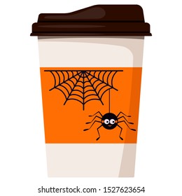 Paper coffee or tea cup decorated cartoon cute smiling black spider hanging on a string of cobweb with spederweb icon isolated on white background. Vector flat design cartoon style illustration.