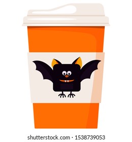 Paper coffee or tea cup decorated cartoon cute smiling and flying Happy Halloween black bat isolated on white background. Design element for card, banner, web. Vector flat design illustration.