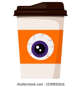 Paper coffee or tea cup decorated cartoon cute halloween eye isolated on white background. Design element for card, banner, web. Vector flat design illustration.