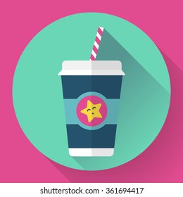 Paper coffee or tea cup with straw. Hot or iced outdoor drink. Flat style design - vector