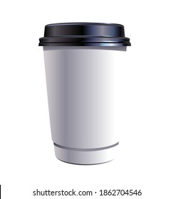 Paper coffee thermo cup, white blank plastic container with black lid, take-out coffee, packaging template mockup, close-up, isolated, vector illustration on white background