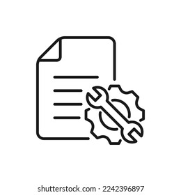 Paper with cogwheel and wrench. Project development, document settings icon line style isolated on white background. Vector illustration