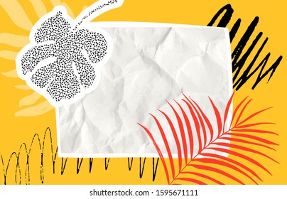 Paper collage background with orange and black brush strokes, crumpled paper and tropical palm leaf. Blank white copyspace on yellow texture, horizontal vector design.