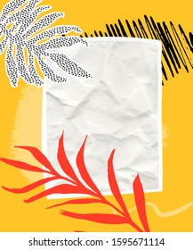 Paper collage background with orange and black brush strokes, crumpled paper and tropical palm leaf. Blank white copyspace on yellow texture, vertical vector design