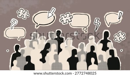 Paper collage illustration of a diverse crowd with halftone textures and speech bubbles. A metaphor for the psychology of society, the connection between people.
