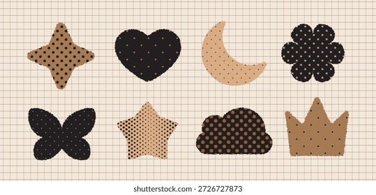 Formas de collage de papel con textura artesanal. colección de Vector de Elementos de scrapbook rasgados, incluido el corazón de la luna y las estrellas en el fondo de la cuadrícula para un diseño creativo moderno.