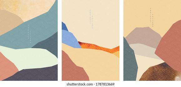 Paper collage with watercolor texture vector. Abstract art background with Japanese wave pattern vector. Brush stroke decoration template illustration. 