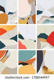 Paper collage with watercolor texture vector. Abstract art background with Japanese wave pattern vector. Watercolor texture and brush stroke decoration template illustration. 
