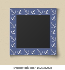 Paper color photo frame. Boy portrait blue sea frame for memory album or scrapbook realistic vector decoration vertical pictures template