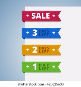 Paper color tags. 1, 2, 3 days sale left. Vector illustration in flat style.